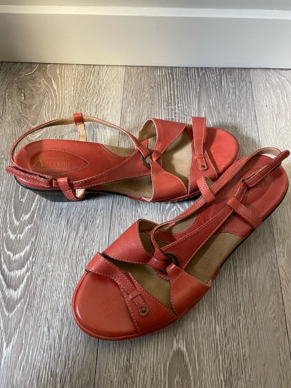 Clarkβs Artisan Leather Strappy Sandal Block Kitten Heel Burnt Orange 8W Wide
